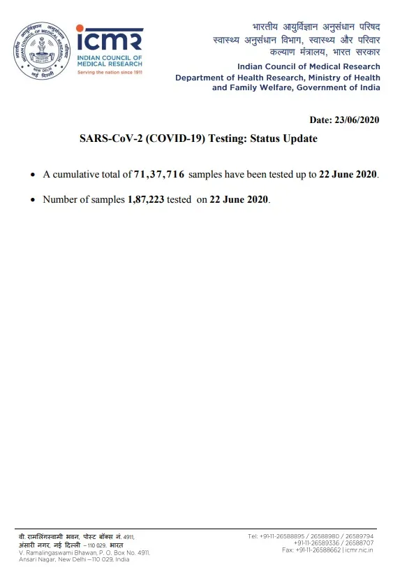 coronavirus number of samples tested icmr 